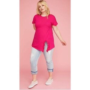 Lane Bryant Dark Pink Short Sleeve Tee with Ruffle Sleeves and Slit - 14/16